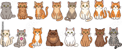 Cute cat characters collection with different breeds colors and sitting poses cartoon pet vector illustration