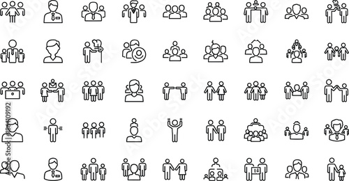 People and teamwork line icons vector set showing groups meetings collaboration leadership and social interaction symbols