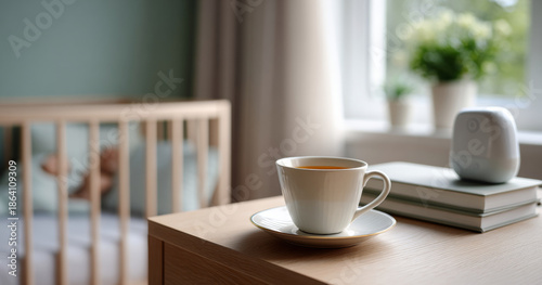Wallpaper Mural Cozy nursery interior with baby monitor, cup of tea on nightstand and sleeping baby in background Torontodigital.ca