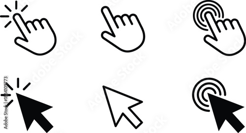 Minimal click and touch gesture icons set featuring hand finger tap and cursor pointer symbols for user interface web app interaction