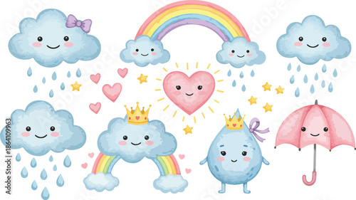 Whimsical cartoon clouds rainbows and umbrellas with smiling faces