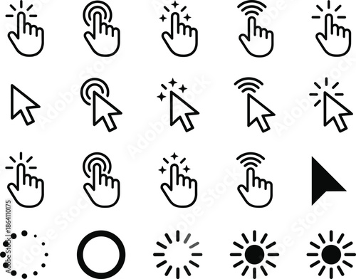 Minimal click touch cursor icons set with hand gestures arrows loading indicators for user interface interaction web app design