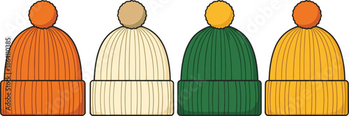Colorful winter beanie hat vector set with knitted warm caps isolated on white background