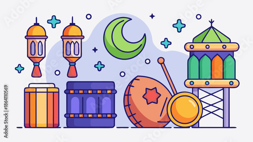 Flat vector icon set for Ramadan featuring a drum (Musaharati), dates, rosary, mosque, moon, and lantern, clean outlines, colorful palette.