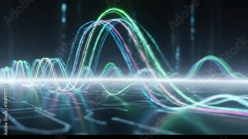 Dynamic neon data waves reflecting on a dark digital plane