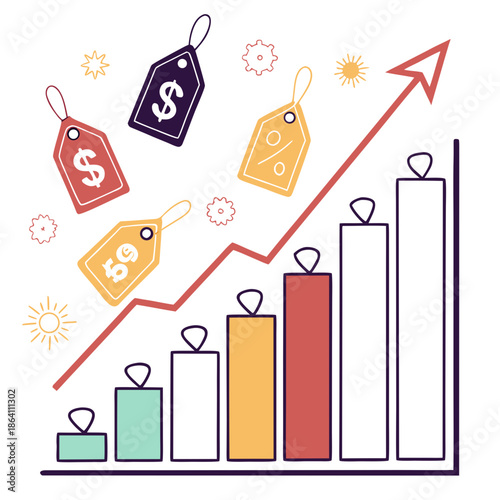 Rising market graph constructed from price tags symbolizing retail growth and financial success