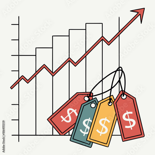 Financial growth chart built from retail price tags representing sales success and market trends