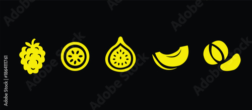 Food fruits glyph icon set. Vector pictograms of banana, strawberry, pineapple, watermelon, grapes, mango, blueberries, peach, cherry, lemon, avocado, pear, kiwi, black sign silhouette illustration.