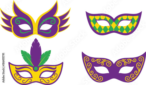 Colorful carnival masquerade masks vector set with decorative Mardi Gras festival party costume elements