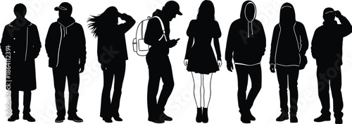 Diverse group of young people silhouettes standing in a row, urban youth fashion, street style outfits, teenager crowd, casual clothing vector illustration collection. (24 words)
