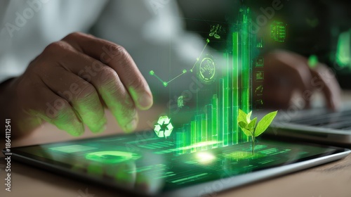 a person interacting with a digital tablet displaying glowing green data visualizations and a leaf representing sustainable technology and data analysis high quality professional detailed modern