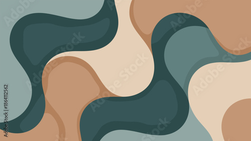 Muted abstract pattern, teal beige brown gray shapes, organic fluid texture, modern layered design background, flat vector illustration