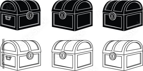 Treasure chest icons set, black and white pirate trunk vector illustration, wooden crate silhouettes with keyhole and handles for gaming and adventure design