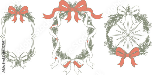 Christmas decorative frames with fir tree branches, set of hand drawn doodle coquette whimsical bow ribbon frames and borders, new year design holiday frame vector set