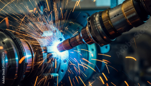 A close-up of a robotic arm performing high-precision laser welding on a complex rocket engine nozzle. Bright orange sparks, glowing blue laser light, metallic textures, dark industrial background, ma