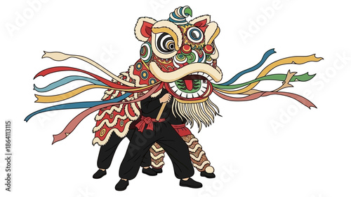 Vibrant lion dance performance with colorful ribbons and traditional costume in dynamic movement