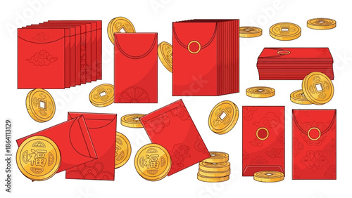 Red envelopes and gold coins scattered around, symbolizing prosperity and good fortune in a festive illustration.