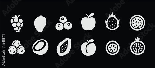 Food fruits glyph icon set. Vector pictograms of banana, strawberry, pineapple, watermelon, grapes, mango, blueberries, peach, cherry, lemon, avocado, pear, kiwi, black sign silhouette illustration.
