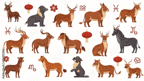 Zodiac Signs Represented by Animals in Various Poses against a White Background