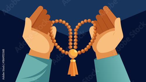 Vector illustration of two hands holding wooden prayer beads, focusing on the texture of the beads and the spiritual act of Dhikr, soft lighting.