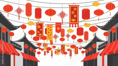 Vibrant lanterns and banners decorate a traditional festival marketplace from a bird's eye view