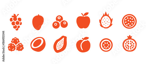 Food fruits glyph icon set. Vector pictograms of banana, strawberry, pineapple, watermelon, grapes, mango, blueberries, peach, cherry, lemon, avocado, pear, kiwi, black sign silhouette illustration.