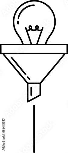 Lightbulb idea going through a funnel concept for filtering and refining creative processes