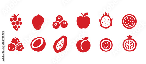 Food fruits glyph icon set. Vector pictograms of banana, strawberry, pineapple, watermelon, grapes, mango, blueberries, peach, cherry, lemon, avocado, pear, kiwi, black sign silhouette illustration.