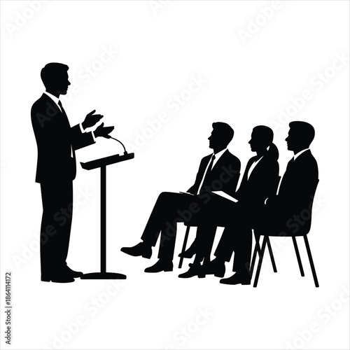 Business Presentation Silhouette – Speaker Giving Seminar to Audience, Corporate Meeting and Training Concept