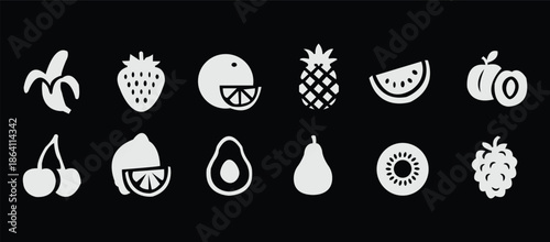 Food fruits glyph icon set. Vector pictograms of banana, strawberry, pineapple, watermelon, grapes, mango, blueberries, peach, cherry, lemon, avocado, pear, kiwi, black sign silhouette illustration.