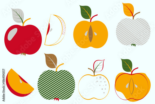 A set of flat vector illustrations featuring various whole and sliced apples with leaves. Modern fruit clip art elements for food design and harvest concepts.