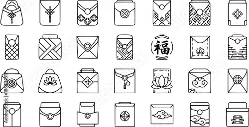 Asian Lucky Money Envelopes and Pouches Icon Set. Traditional Gifts  Red Packets Vector Art