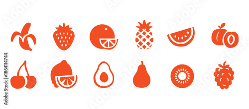 Food fruits glyph icon set. Vector pictograms of banana, strawberry, pineapple, watermelon, grapes, mango, blueberries, peach, cherry, lemon, avocado, pear, kiwi, black sign silhouette illustration.