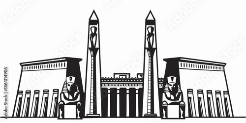 Egyptian temple with obelisks and sphinx statues