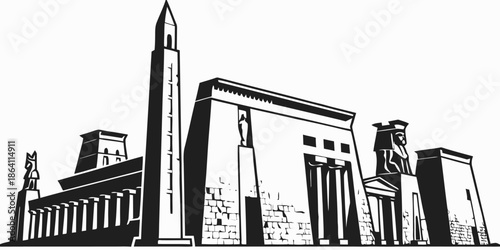 Ancient Egyptian temple complex with obelisk and sphinx statues