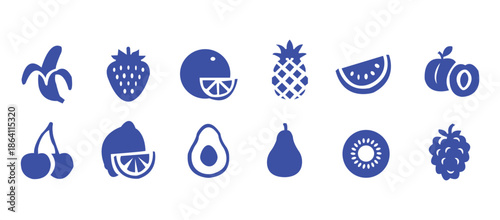 Food fruits glyph icon set. Vector pictograms of banana, strawberry, pineapple, watermelon, grapes, mango, blueberries, peach, cherry, lemon, avocado, pear, kiwi, black sign silhouette illustration.