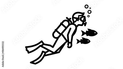 Scuba diver swimming with fish icon, underwater exploration line art.