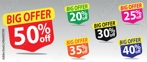 Discount buy now label pop-up banner with different sale percentage. 20, 25, 30, 35, 40, 50 percent off price reduction badge promotion, red discount sale tags with percentages