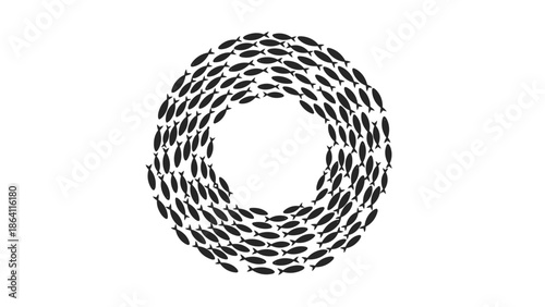 School of fish swimming in a circle silhouette. Teamwork concept and unity in nature vector illustration isolated on white background.