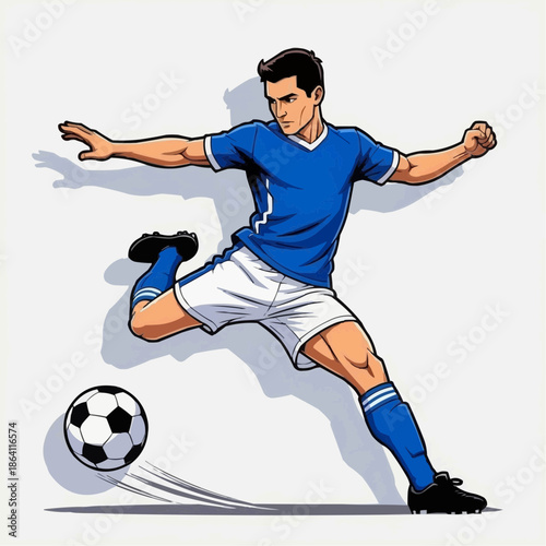 A dynamic illustration of a soccer player kicking a ball on white background