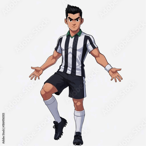 A cartoon illustration of a soccer player in a black and white striped jersey on white background