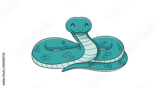 Cute cartoon of a happy, smiling turquoise snake coiled up comfortably with its eyes closed, isolated on a white background for children's and animal-themed designs.