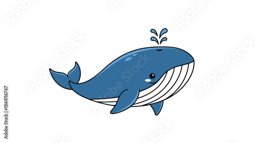 Adorable cartoon of a happy blue whale swimming and spouting water from its blowhole, isolated on a white background, perfect for children's ocean-themed art.