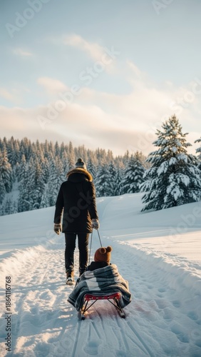 Dad pulling his child on a sled