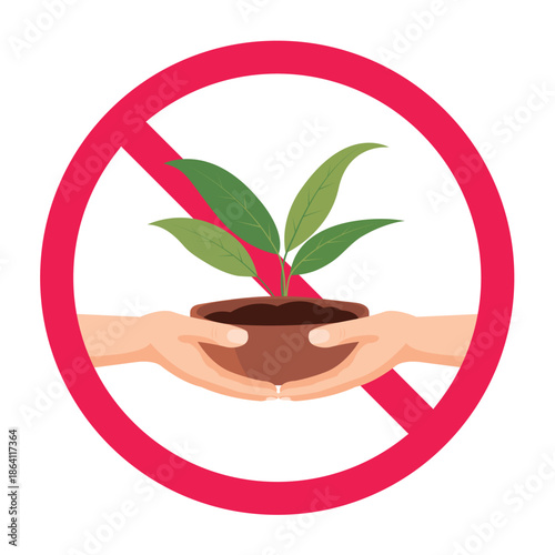 Plant buying and selling rules, no planting sign forbidden plant growing icon vector illustration, plant trading restriction, plant sale regulation