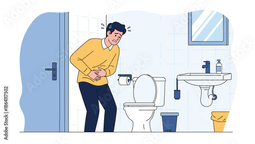 Man suffering from a stomach ache and diarrhea, clutching his abdomen in pain inside a bathroom, illustrating symptoms of food poisoning or indigestion problems.