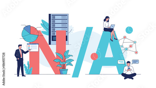 N-A acronym concept showing a business team working on data analysis, with characters interacting with charts, servers, and network diagrams on a clean background.