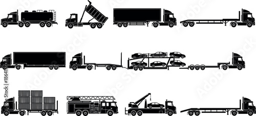 Commercial truck silhouettes vector set featuring cargo, tanker, dump, car carrier, flatbed, container, and service trucks for logistics industry