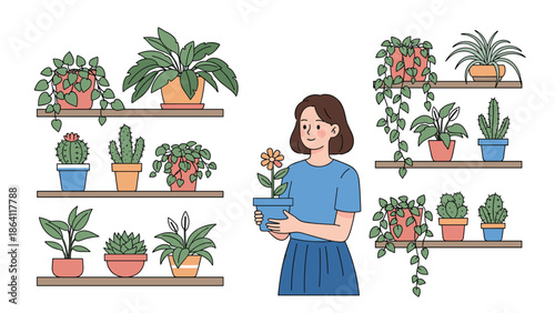 Young woman happily holding a potted plant, surrounded by shelves filled with various houseplants, illustrating the concept of urban jungle and indoor gardening.