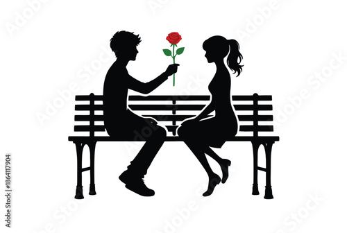 Couple sharing a rose on a park bench isolated on white background, Vector, illustration